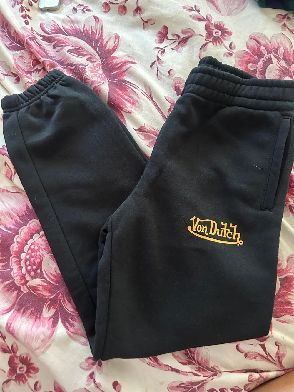 Von Dutch Black Sweatpants with Yellow Logo Accent